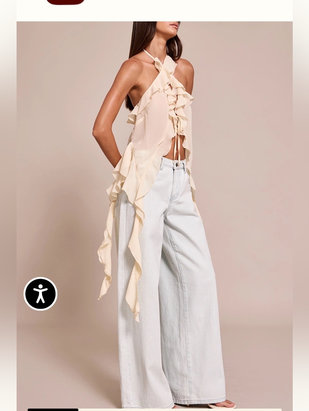 CREAM CHIFFON RUFFLE DRAPE DETAIL LONGLINE TOP